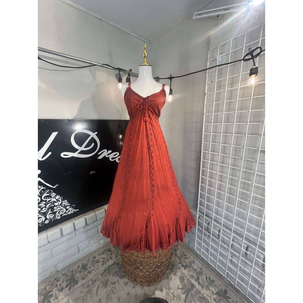 Red Boho Maxi Dress Women's‎ Sleeveless Red Fairycore Embroidered Festival Large